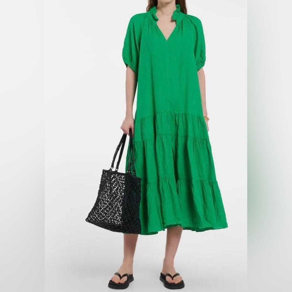 Velvet By Graham & Spencer Karina Green Linen Midi Dress, Short Sleeve, Sz. M